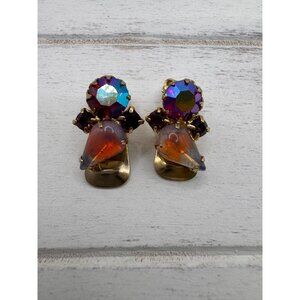 Vintage Clip On Earrings Red AB Opalite Glass Rhinestone Gold Tone - Unsigned